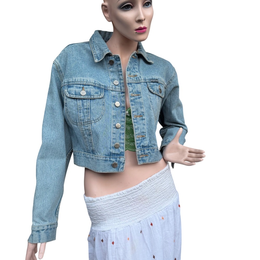 RoughWear Denim Vintage 90's Jean Jacket Cropped Womens M Light Wash Blue